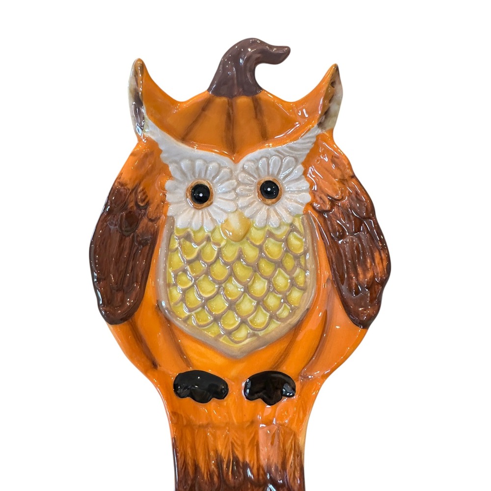 Cracker Barrel Owl Spoon Rest Pumpkin‎ Fall Harvest Stoneware Ceramic 9.5"